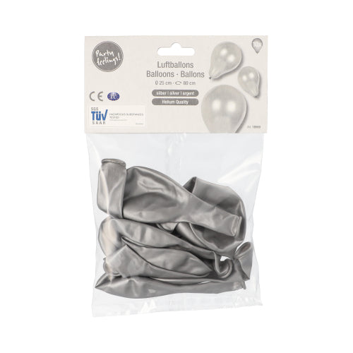 A clear packaging from PAPSTAR GmbH contains 10 empty silver balloons (Ø 25 cm). The label shows „PAPSTAR 10 balloons“, images of silver balloons and highlights the high-quality latex - ideal for any decoration.
