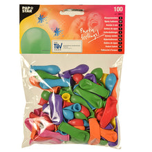 A transparent plastic bag from PAPSTAR GmbH contains 100 colorfully assorted PAPSTAR balloons, ideal for water balloons. The print "Party feelings!" crowns the package with green, blue, orange, purple, pink, and yellow balloons - perfect for summer parties.