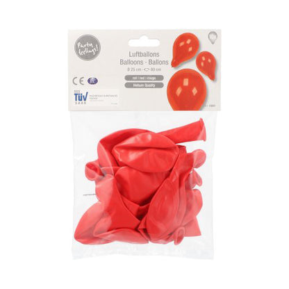 In a clear packaging from PAPSTAR GmbH there are 10 uninflated red latex balloons (helium quality, Ø 25 cm), whose top label shows images of balloons and indicates suitability for decoration.