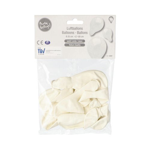In a transparent package from PAPSTAR GmbH there are 10 uninflated white latex balloons (Ø 25 cm). The label on the top bears the print „PAPSTAR 10 balloons“ and shows inflated white balloons. The balloons are therefore excellent for decoration.