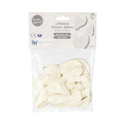 In a transparent package from PAPSTAR GmbH there are 10 uninflated white latex balloons (Ø 25 cm). The label on the top bears the print „PAPSTAR 10 balloons“ and shows inflated white balloons. The balloons are therefore excellent for decoration.