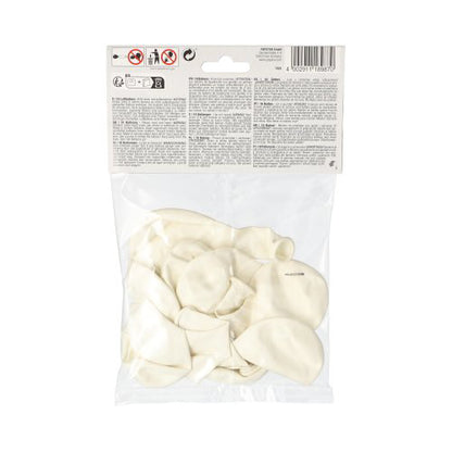 A transparent plastic bag from PAPSTAR GmbH contains 10 uninflated white latex balloons (Ø 25 cm) with a white label on the top, showing text, age and safety instructions - ideal for decoration.