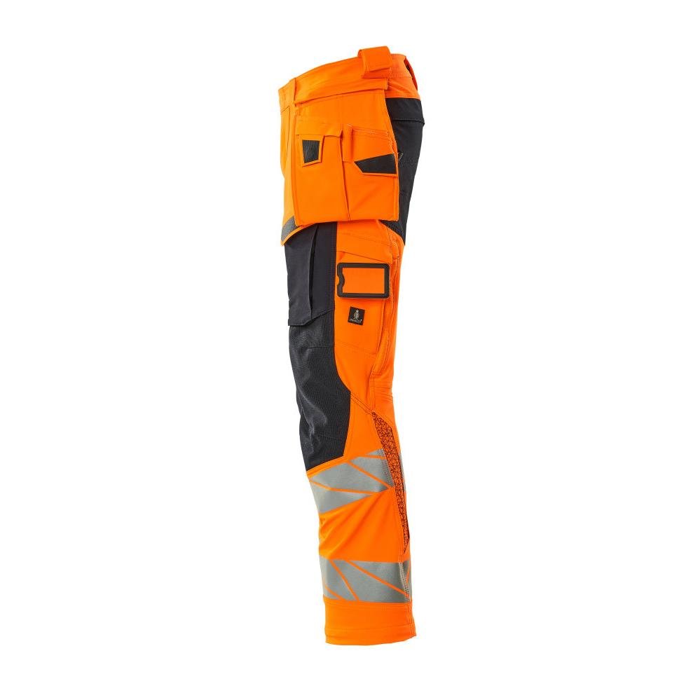 Pants with hanging pockets, ULTIMATE STRETCH pants, hi-vis orange/black-blue