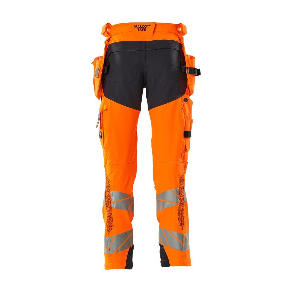 Pants with hanging pockets, ULTIMATE STRETCH pants, hi-vis orange/black-blue