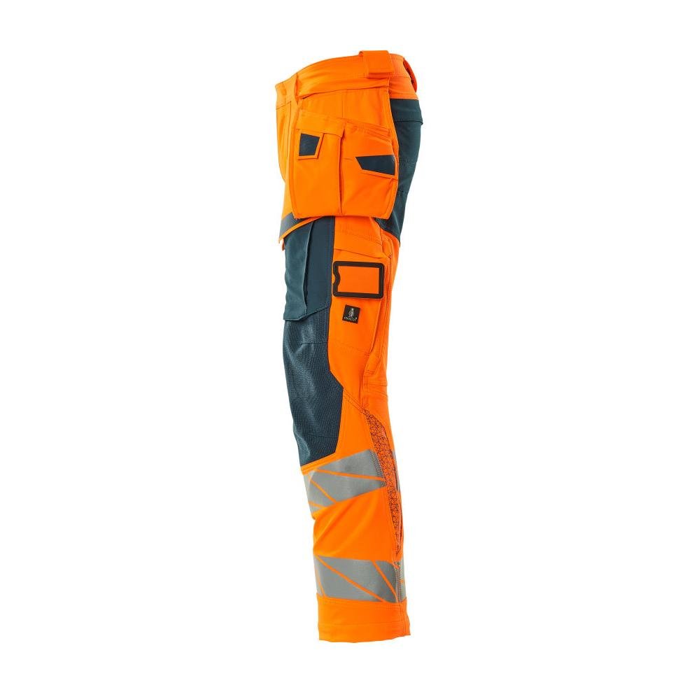 Pants with hanging pockets, ULTIMATE STRETCH pants, hi-vis orange/dark petroleum