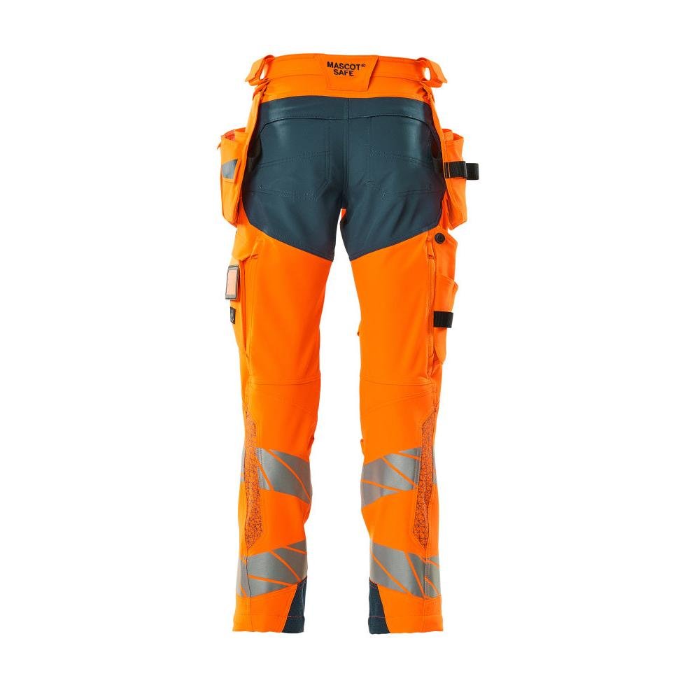 Pants with hanging pockets, ULTIMATE STRETCH pants, hi-vis orange/dark petroleum