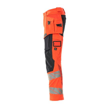 Pants with hanging pockets, ULTIMATE STRETCH pants, Hi-vis red/black-blue