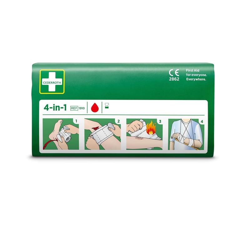 A green Cederroth 4-in-1 blood stopper pack (1 piece) from Orkla Wound Care AB, depicted with an illustrated guide for wrapping the hand, securing a bandage, treating burns, and making an arm sling. Shown on a white background.