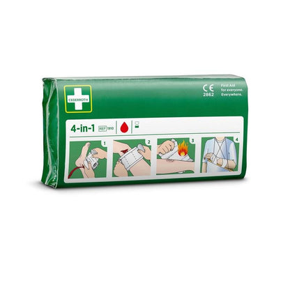 A green Cederroth 4-in-1 blood stopper pack (1 piece) from Orkla Wound Care AB, with a pictorial guide showing four application steps: wrapping, tightening, applying pressure, and securing the bandage.