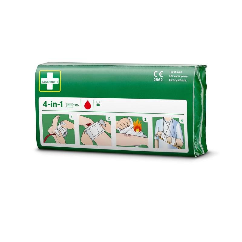 A green "Cederroth 4-in-1 blood stopper | pack (1 piece)" from Orkla Wound Care AB shows four steps: bandaging a limb, wrapping, stopping hand bleeding, and applying a sling. The Cederroth brand is visible on the packaging.