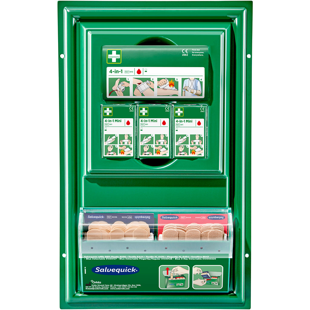 The Cederroth mini first aid panel by Orkla Wound Care AB is a green, wall-mounted first aid kit filled with 4-in-1 mini bandages and Salvequick adhesive bandages in labeled compartments for easy access.