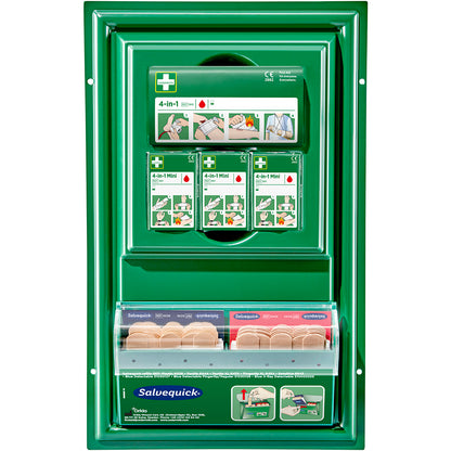 The Cederroth mini first aid panel by Orkla Wound Care AB is a green, wall-mounted first aid kit filled with 4-in-1 mini bandages and Salvequick adhesive bandages in labeled compartments for easy access.