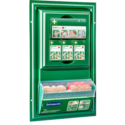 The Cederroth mini first aid panel by Orkla Wound Care AB is a green, wall-mounted first aid station with an illustrated guide, compartments for consumables, and a transparent cover with Salvequick adhesive bandages.