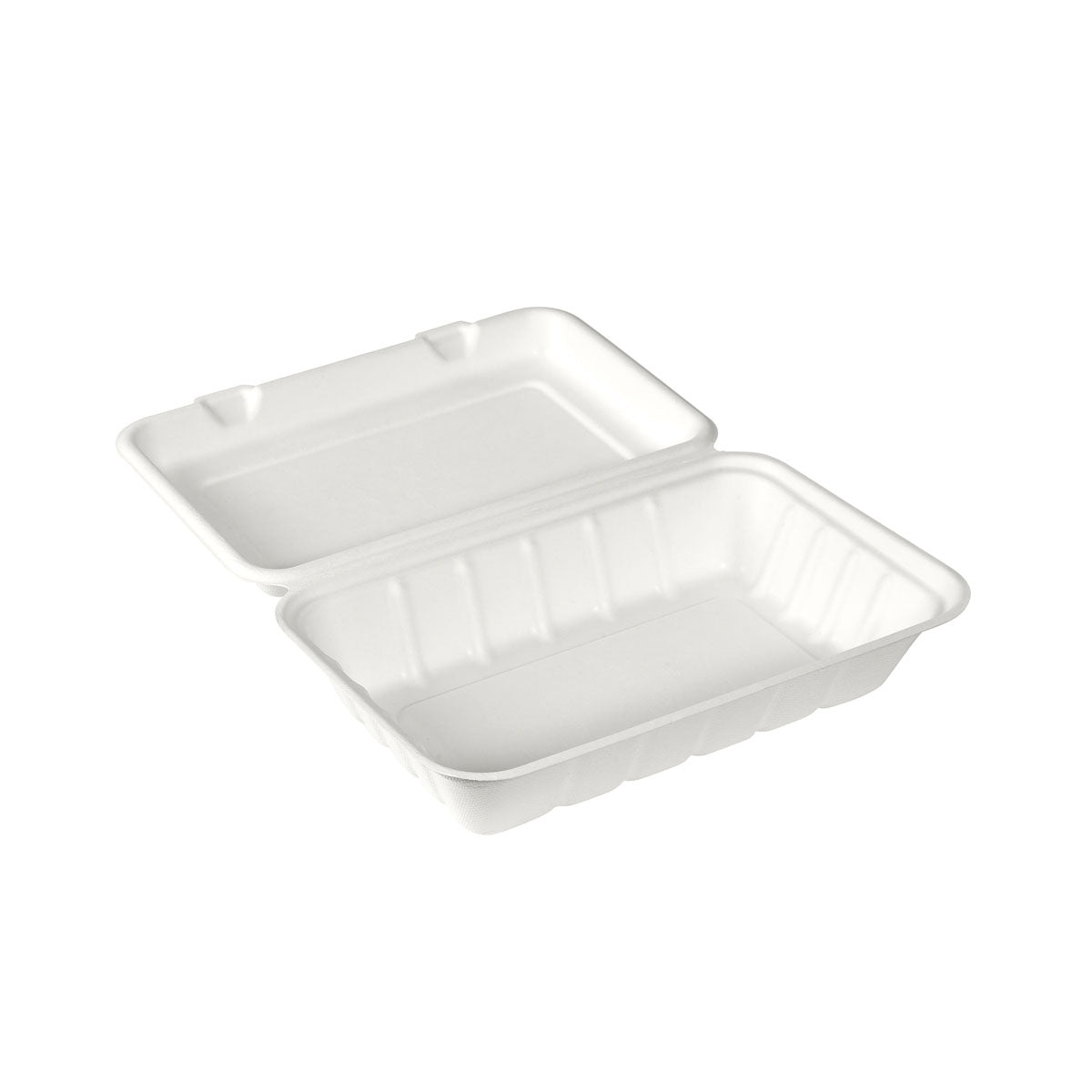 The white BioPak menu box 850 ml from Duni GmbH made of bagasse (239x156x63 mm) is shown open with an attached lid, revealing the empty interior - an eco-friendly disposable packaging ideal for take-away meals. Pack: 60 pieces.