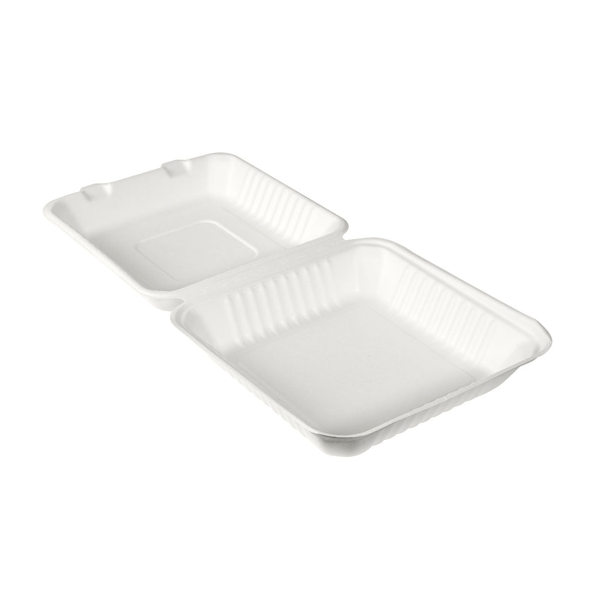 The BioPak Menu Box 1200 ml from Duni GmbH is a white, rectangular bagasse takeout box (236x231x81 mm) made of molded fiber with a hinged lid - an environmentally friendly packaging, available in packs of 50 pieces.