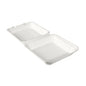 The BioPak Menu Box 1200 ml from Duni GmbH is a white, rectangular bagasse takeout box (236x231x81 mm) made of molded fiber with a hinged lid - an environmentally friendly packaging, available in packs of 50 pieces.