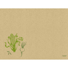 Ein strukturiertes braunes Graspapier Tischset 30 x 40 cm Veggies von Duni GmbH zeigt grüne Veggie-Skizzen und kleine "Ecoecho"- und "sustainable"-Schriftzüge, die diese umweltfreundlichen Platzsets hervorheben. Die Packung enthält 250 Stück.