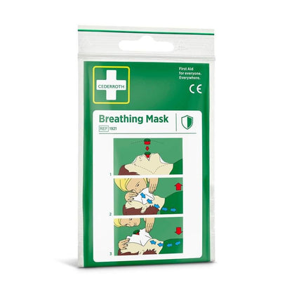 A green-white Orkla Wound Care AB Cederroth breathing mask pack (1 piece) shows an illustrated three-step CPR guide: head tilt, application of the mask, and blowing air into the mouth of a lying person.