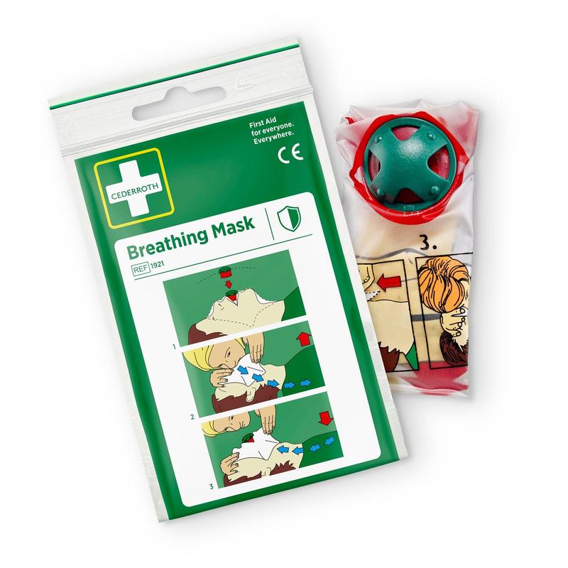 The Cederroth breathing mask | Pack (1 piece) from Orkla Wound Care AB contains an illustrated guide for emergency resuscitation. The mask, designed for protection against dust with a green valve, is partially visible next to the packaging.
