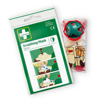 The Cederroth breathing mask | Pack (1 piece) from Orkla Wound Care AB contains an illustrated guide for emergency resuscitation. The mask, designed for protection against dust with a green valve, is partially visible next to the packaging.