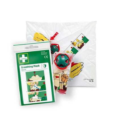 The Cederroth breathing mask | Pack (1 piece) from Orkla Wound Care AB includes a folded plastic sheet for dust protection and green/red mask parts, all with an illustrated step-by-step guide on a white background.