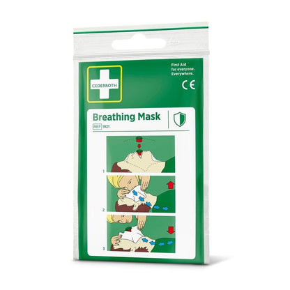 The Cederroth breathing mask (1 piece) from Orkla Wound Care AB is delivered in a white-green package with medical symbols and illustrated CPR instructions that demonstrate the safe application of resuscitation and provide protection against dust.