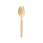 A Duni GmbH spork / spork 147 mm, waxed wood, with a smooth surface is centered on a white background. This eco-friendly utensil combines the functions of a spoon and fork and features three short tines at the top end. Package: 100 pieces.