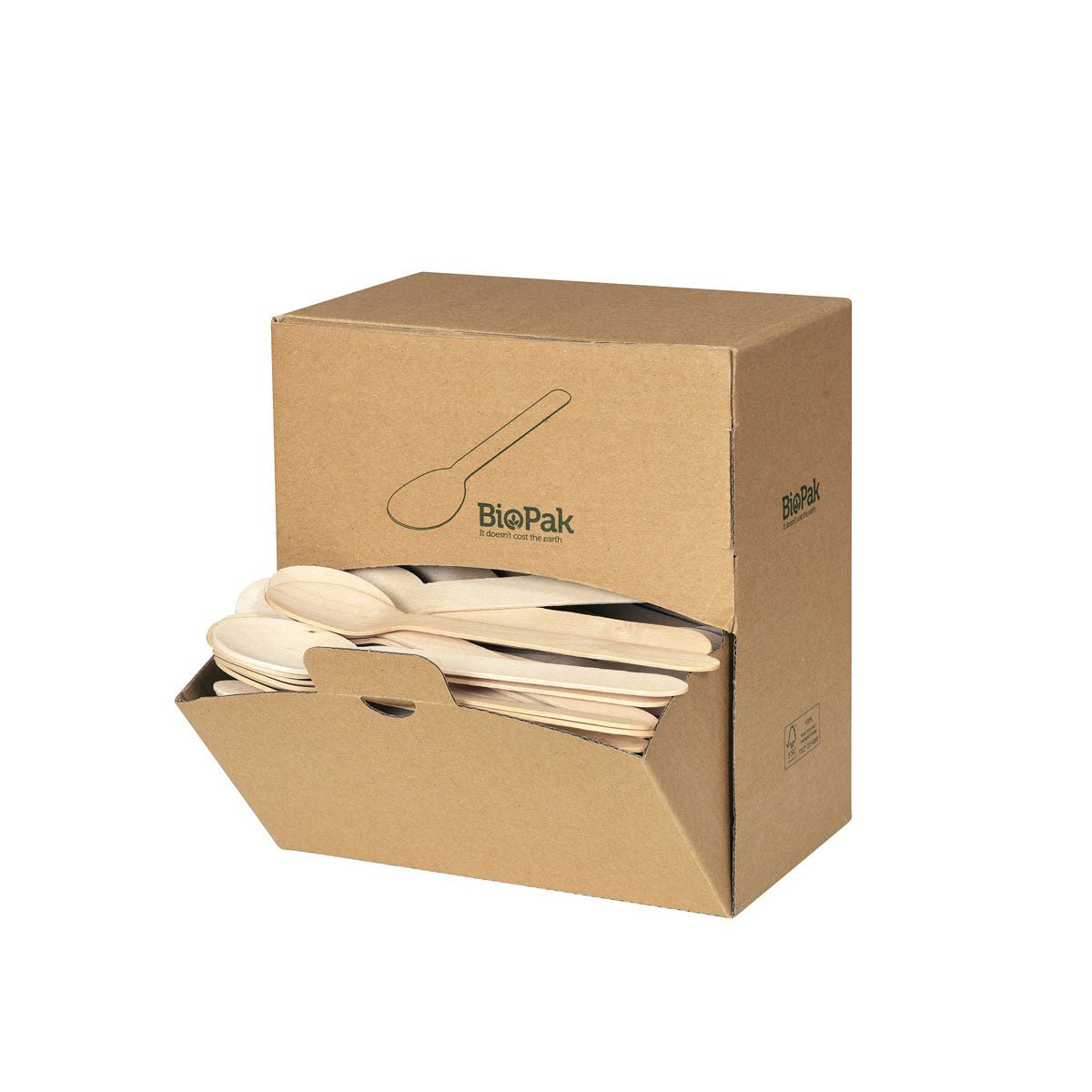 A brown cardboard box "Wooden Spoon 160 mm, Dispenser Box Natural Waxed 160 | Pack (300 pieces)" from Duni GmbH contains eco-friendly wooden spoons, some of which are visible through the open front. The box features a simple spoon illustration.