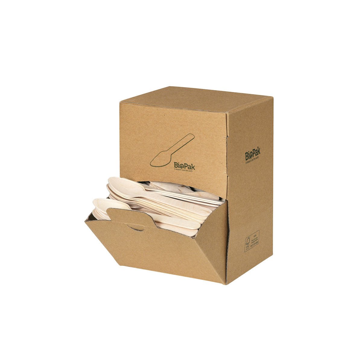 A cardboard donation box labeled "Duni GmbH" contains 400 naturally waxed wooden coffee spoons (110 mm). The front is partially open, showing stacked biodegradable wooden coffee spoons inside.