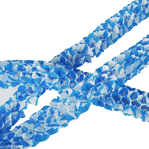 Nahaufnahme von PAPSTAR 2 Girlanden aus Papier von PAPSTAR GmbH, mit blau-weißen, lagenweise angeordneten Papierblüten als festliche Dekoration vor weißem Hintergrund.