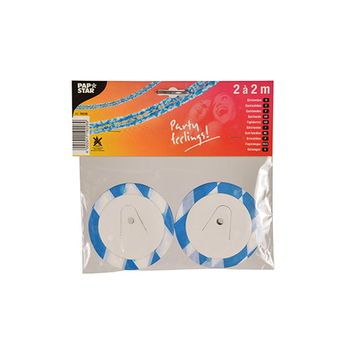 A package with two blue and white striped paper garlands (PAPSTAR GmbH), each rolled with a white core and the inscription "Party feelings!", measures 2 x 2 meters. The PAPSTAR logo is shown at the top left.