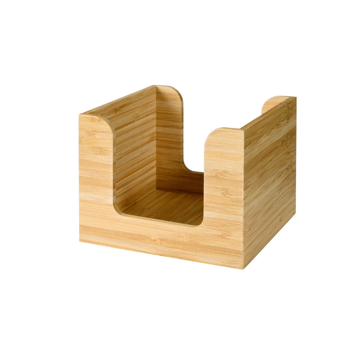 The bamboo napkin holder 13x13 cm from Duni GmbH is a square napkin holder with open sides and a low front. The visible wood grain gives this stylish, eco-friendly table organizer a natural look - perfect for keeping napkins within easy reach.