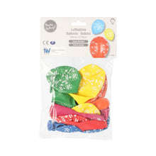 A clear plastic bag from PAPSTAR GmbH contains 10 assorted "Happy Birthday" PAPSTAR balloons (Ø 29 cm), ideal for birthday decoration. The label contains party graphics, multilingual "balloons" and certification logos.