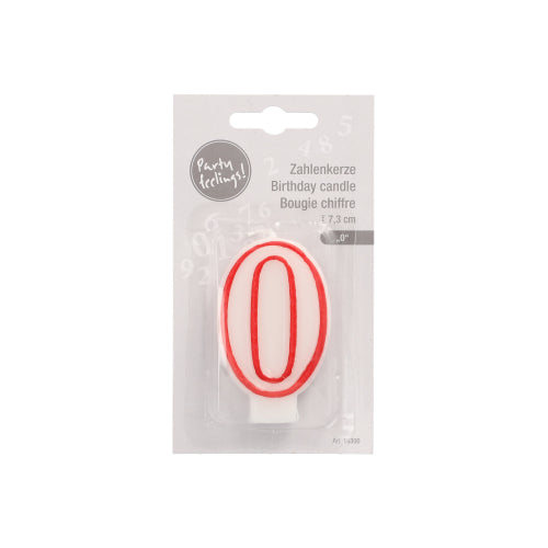 The number candle 7.3 cm from PAPSTAR GmbH in white with a red edge is a birthday candle in the shape of the number (0), packaged with German, English, and French labeling - ideal for birthdays and anniversaries. The packaging is in light gray and white colors.