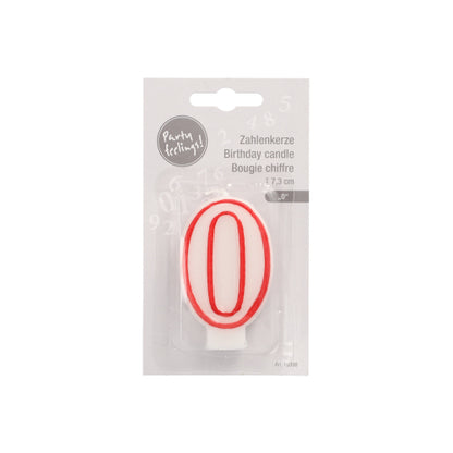 The number candle 7.3 cm from PAPSTAR GmbH in white with a red edge is a birthday candle in the shape of the number (0), packaged with German, English, and French labeling - ideal for birthdays and anniversaries. The packaging is in light gray and white colors.