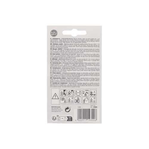 On the back of the PAPSTAR number candle 7.3 cm white with a red edge from PAPSTAR GmbH there are multilingual instructions and warnings for birthdays and anniversaries, safety and recycling symbols, a barcode, and a hanging tab.