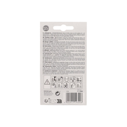 On the back of the PAPSTAR number candle 7.3 cm white with a red edge from PAPSTAR GmbH there are multilingual instructions and warnings for birthdays and anniversaries, safety and recycling symbols, a barcode, and a hanging tab.
