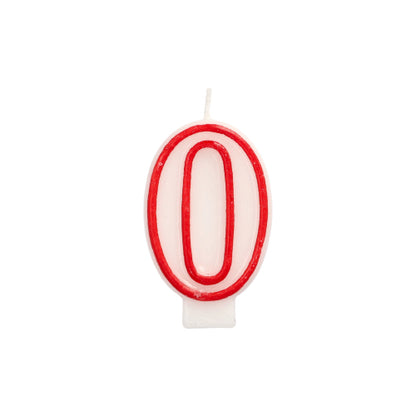The PAPSTAR number candle 7.3 cm in white with a red edge from PAPSTAR GmbH in the shape of the number zero is ideal for birthdays and anniversaries. Photographed on a plain white background.