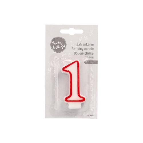 A number candle 7.3 cm from PAPSTAR GmbH in white with a red edge (number one) is shown in transparent multilingual packaging, ideal for birthdays and anniversaries. The candle stands upright against a light gray background.