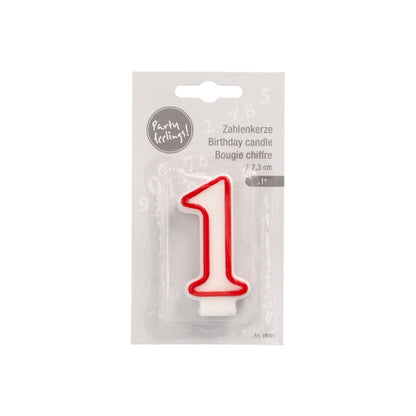 A number candle 7.3 cm from PAPSTAR GmbH in white with a red edge (number one) is shown in transparent multilingual packaging, ideal for birthdays and anniversaries. The candle stands upright against a light gray background.