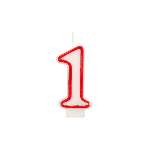 The number candle (7.3 cm, white with red contour) from PAPSTAR GmbH in the shape of the number one has an unlit wick and is ideal for birthdays and anniversaries, depicted on a plain white background.