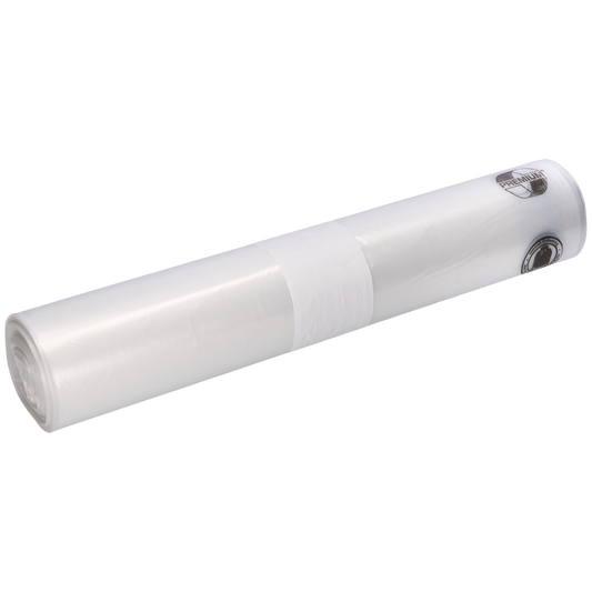 Eine Rolle EMIL DEISS KG (GmbH + Co.) DEISS 19302 - 800x1000x0,05 mm transparente Müllsäcke (25 Stück) mit weißem Etikett in der Mitte, abgebildet auf einem einfarbig weißen Hintergrund.