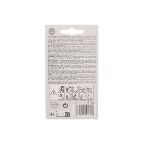 The back of a PAPSTAR number candle 7.3 cm white with a red edge from PAPSTAR GmbH shows a multilingual manual, safety instructions with symbols, and a barcode. The gray-white package is ideal for birthdays or anniversaries.