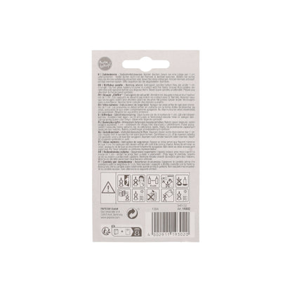 The back of a PAPSTAR number candle 7.3 cm white with a red edge from PAPSTAR GmbH shows a multilingual manual, safety instructions with symbols, and a barcode. The gray-white package is ideal for birthdays or anniversaries.