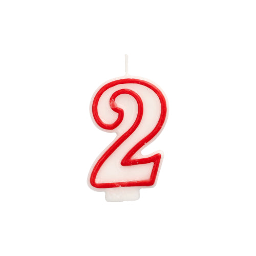 The PAPSTAR number candle 7.3 cm in white with a red edge from PAPSTAR GmbH is in the shape of the number 2, ideal for birthdays and anniversaries, and is depicted on a plain white background.