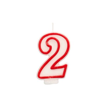The PAPSTAR number candle 7.3 cm in white with a red edge from PAPSTAR GmbH is in the shape of the number 2, ideal for birthdays and anniversaries, and is depicted on a plain white background.