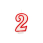 The PAPSTAR number candle 7.3 cm in white with a red edge from PAPSTAR GmbH is in the shape of the number 2, ideal for birthdays and anniversaries, and is depicted on a plain white background.