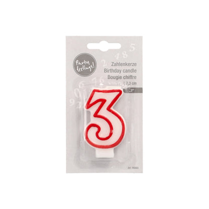The number candle 7.3 cm from PAPSTAR GmbH in white with a red edge is packaged in clear foil on gray cardboard and labeled with the multilingual inscription "birthday candle" - ideal for birthdays and anniversaries.