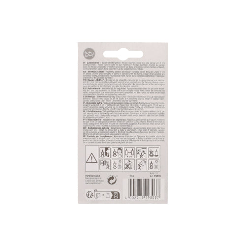 The packaging back of the PAPSTAR number candle 7.3 cm white with a red edge (from PAPSTAR GmbH) shows instructions, safety pictograms, recycling symbols, barcode, and multilingual text on a white background - ideal for anniversaries and birthdays.