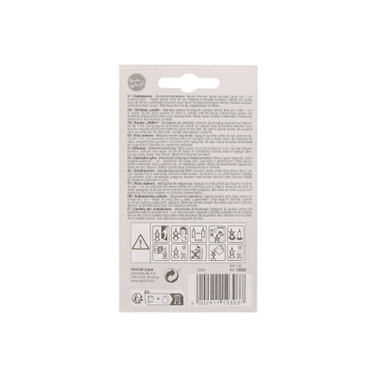 The packaging back of the PAPSTAR number candle 7.3 cm white with a red edge (from PAPSTAR GmbH) shows instructions, safety pictograms, recycling symbols, barcode, and multilingual text on a white background - ideal for anniversaries and birthdays.